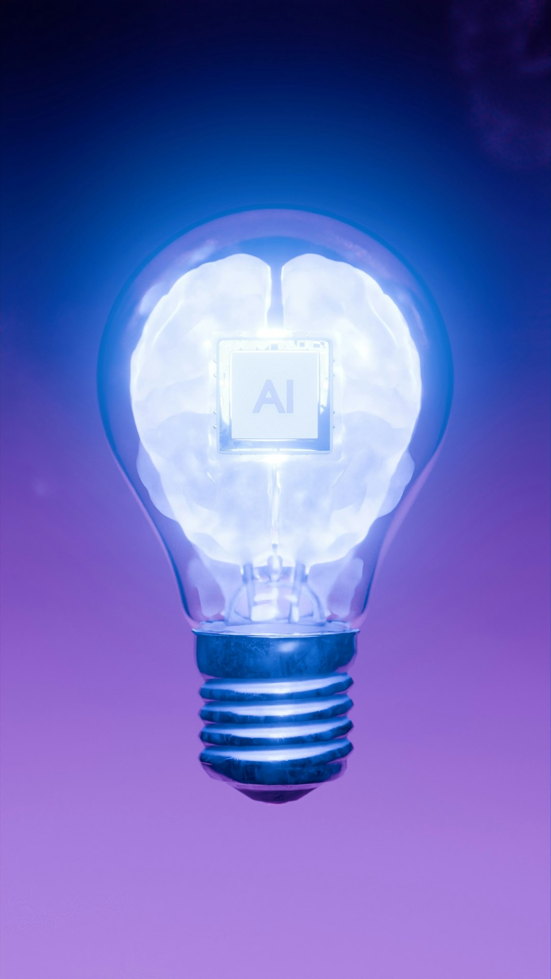 about-02 Conceptual render of artificial intelligence processor chip embedded in a white human brain inside a transparent light bulb, floating against blue purple gradient background with copy space